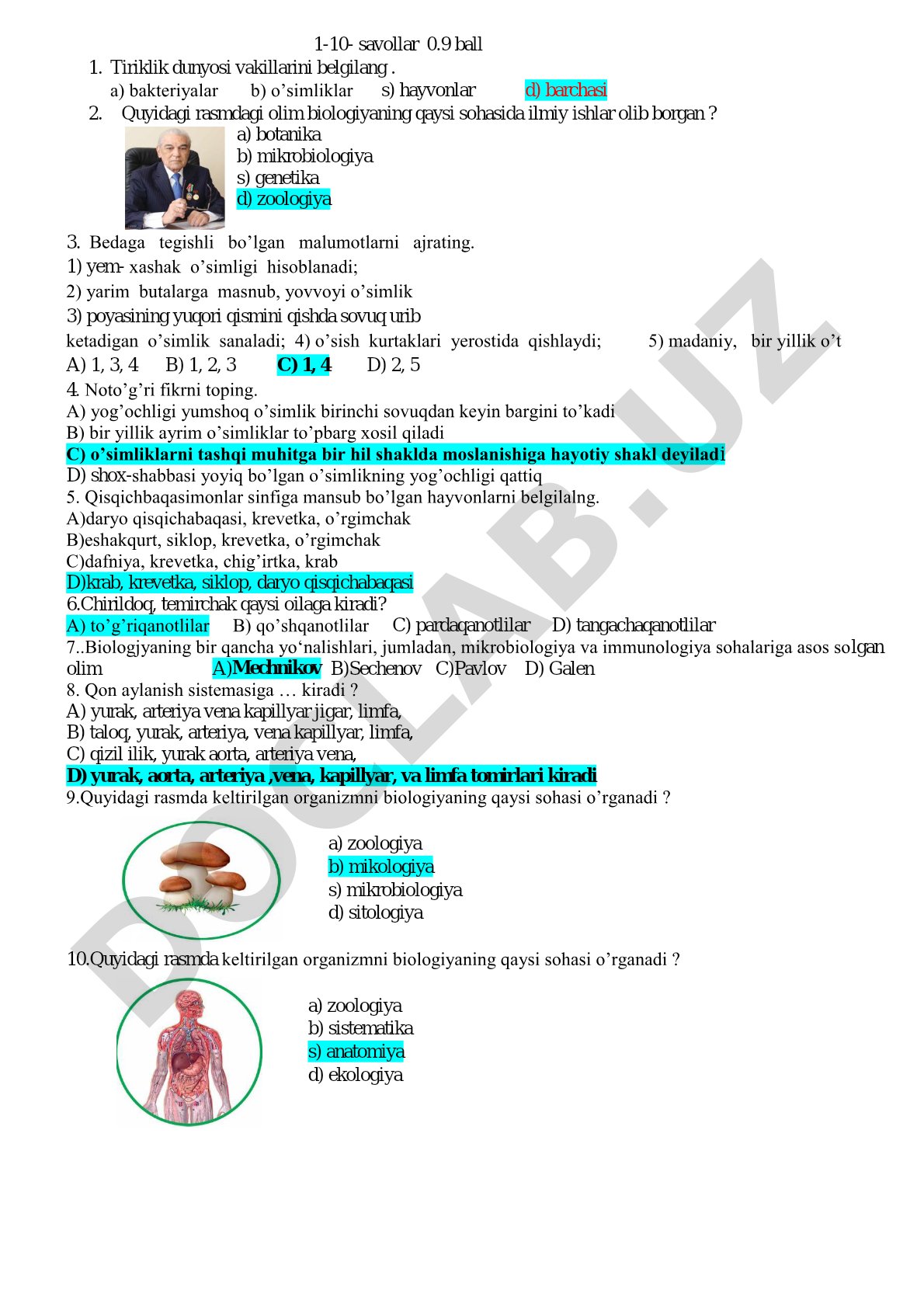 Biologiya fanidan test savollari