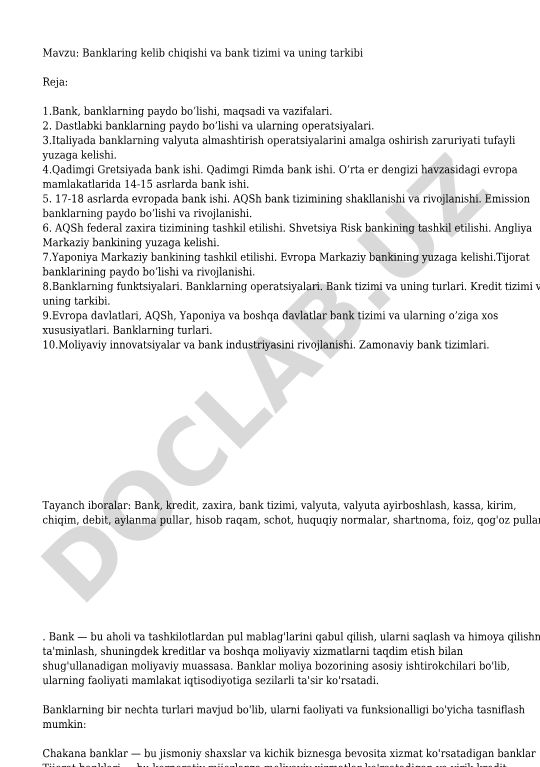 Banklarning kelib chiqishi va bank tizimi va uning tarkibi
