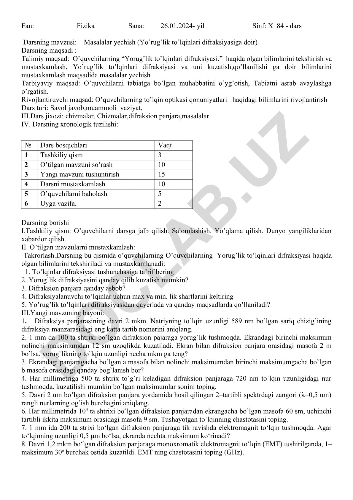 Yorug'lik to'lqinlari difraksiyasiga doir masalalar yechish