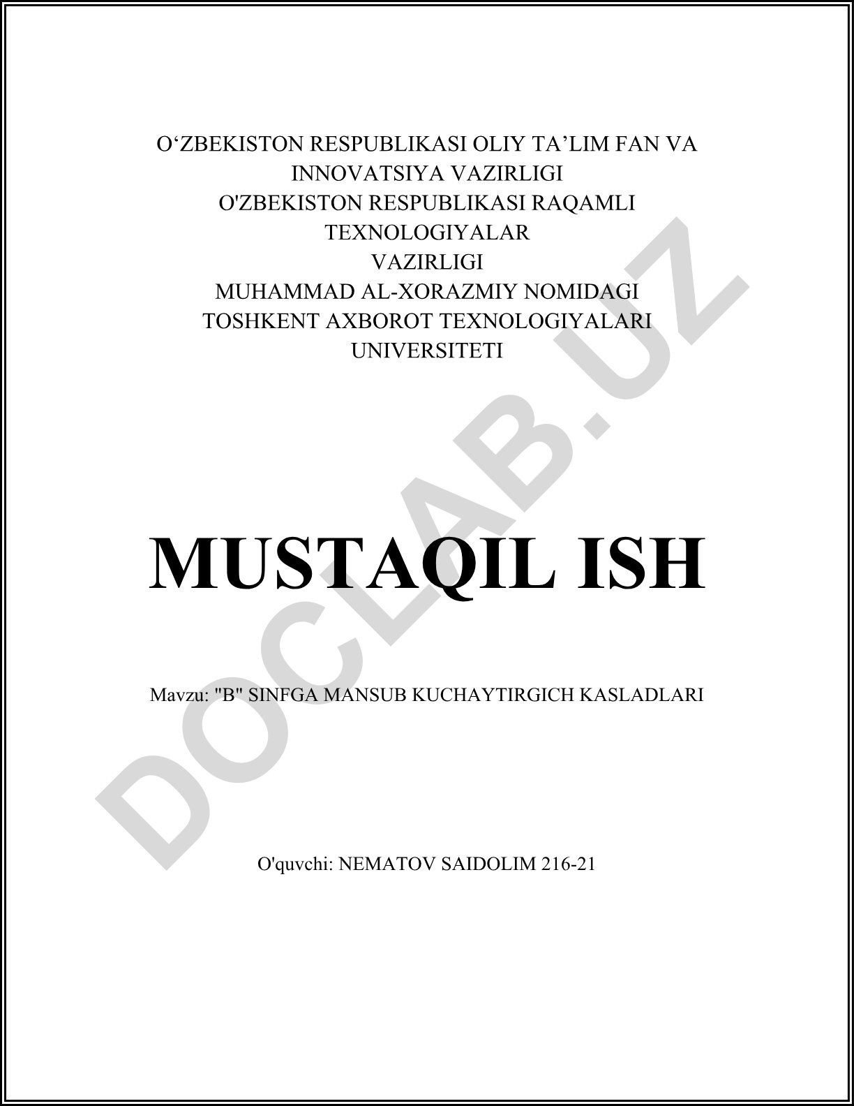 B sinfga mansub kuchaytirgich kasladi