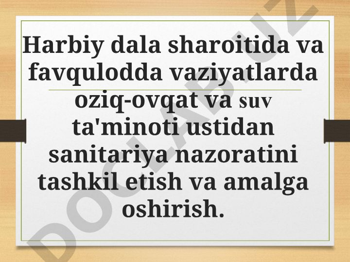 Harbiy dala sharoitida oziq-ovqat va suv ta'minoti sanitariya nazorati