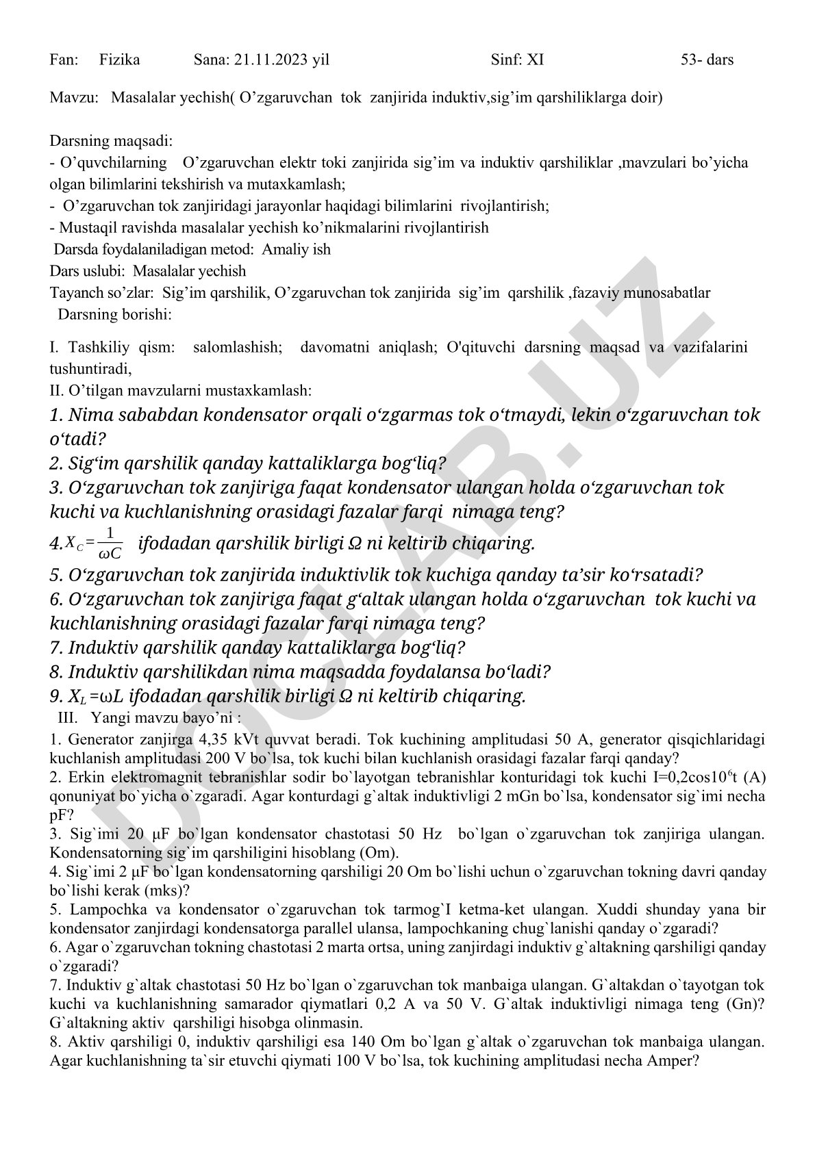 Masalalar yechish (O’zgaruvchan tok zanjirida induktiv, sig’im qarshiliklarga doir)