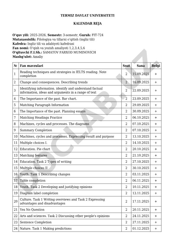 Termiz Davlat Universiteti Ingliz tili o'qish va yozish amaliyoti dars jadvali