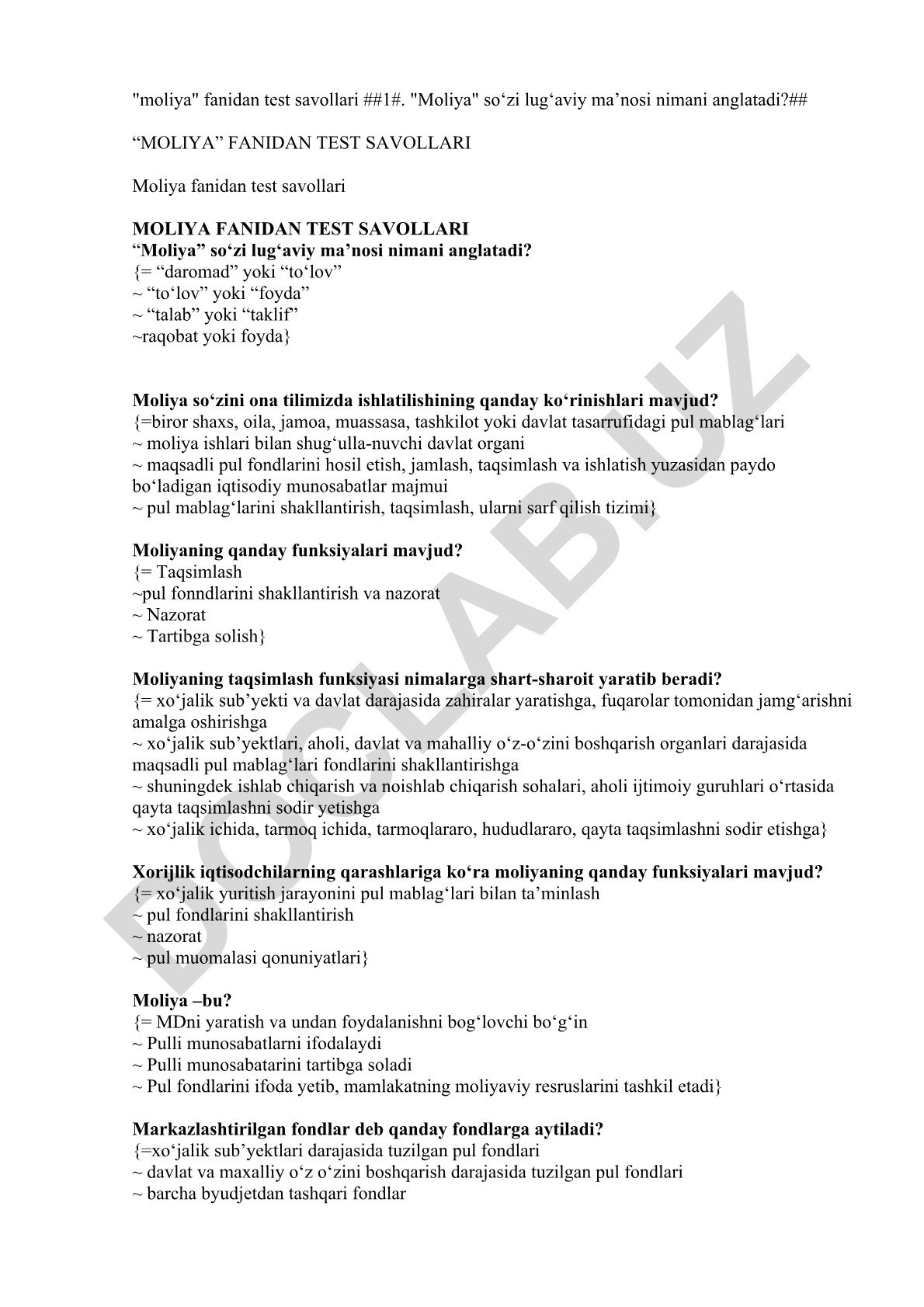 Moliya fanidan test savollari