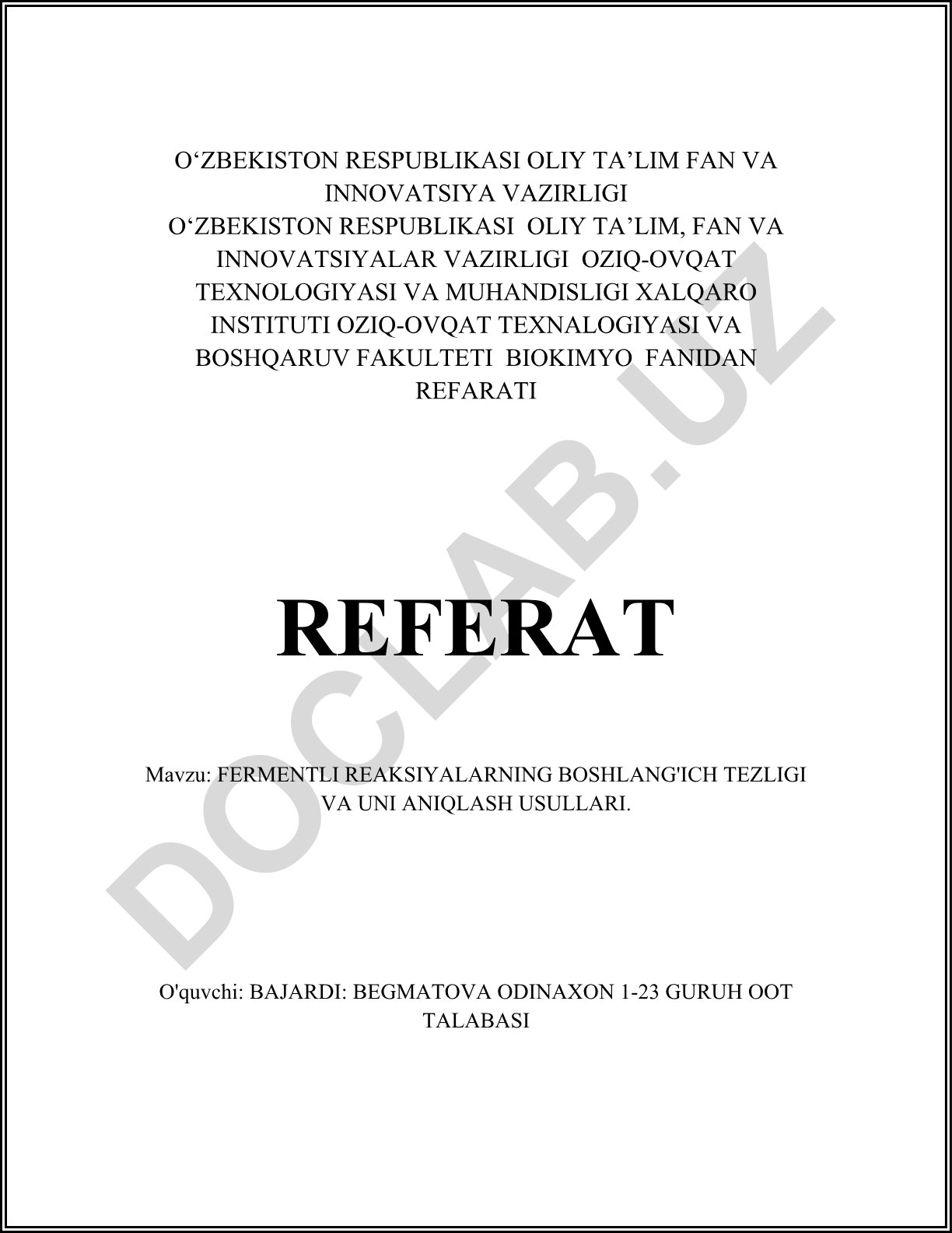 Fermentli reaksiyalarning boshlang'ich tezligi va uni aniqlash usullari