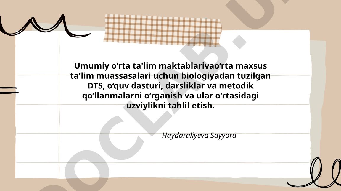 Biologiya DTS, o'quv dasturi, darsliklar va metodik qo'llanmalarni o'rganish va tahlil