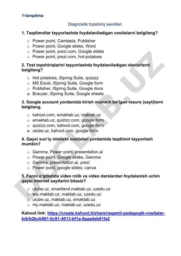 Diagnostik topshiriq savollari: Taqdimotlar, testlar va sun'iy intellekt vositalari
