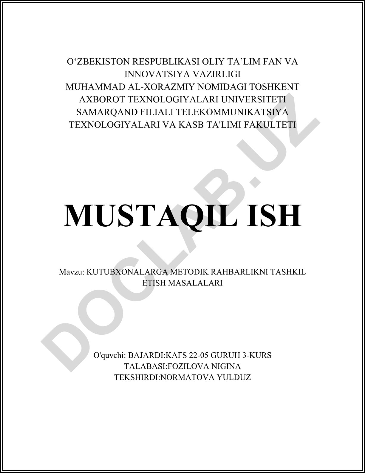 Kutubxonalarga metodik rahbarlikni tashkil etish masalalari