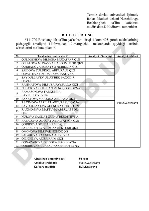 Boshlang'ich ta'lim yo'nalishi talabalarining pedagogik amaliyoti tartibi