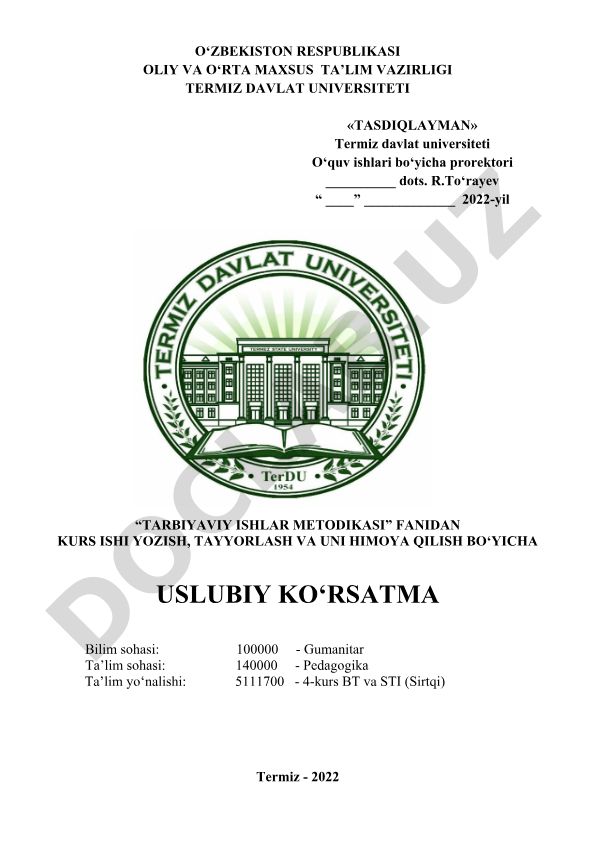 Tarbiyaviy ishlar metodikasi fanidan kurs ishini yozish va himoya qilish tartibi