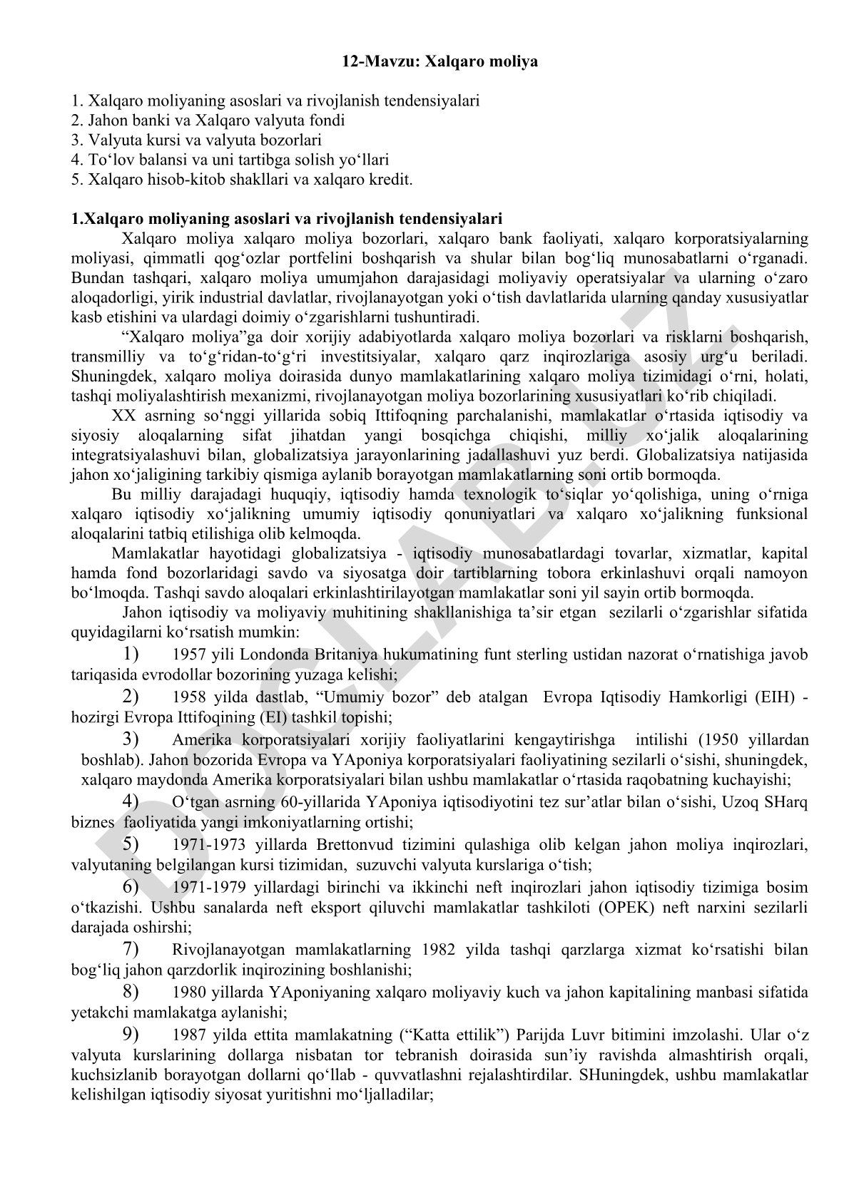 Xalqaro moliyaning asoslari va rivojlanish tendensiyalari