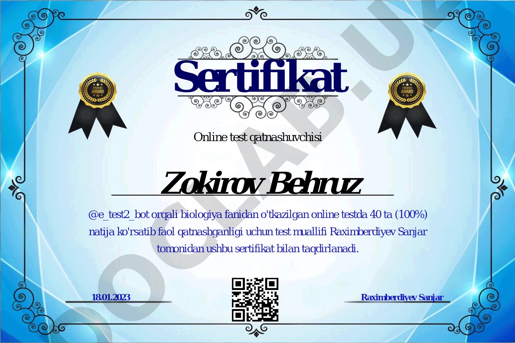 Biologiya fanidan online test sertifikatlari