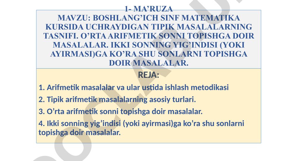 Boshlang'ich sinf matematika kursida uchraydigan tipik masalalarning tasnifi