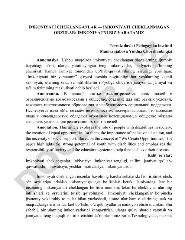Imkoniyati cheklanganlar — imkoniyati cheklanmagan orzular: imkoniyatni biz yaratamiz