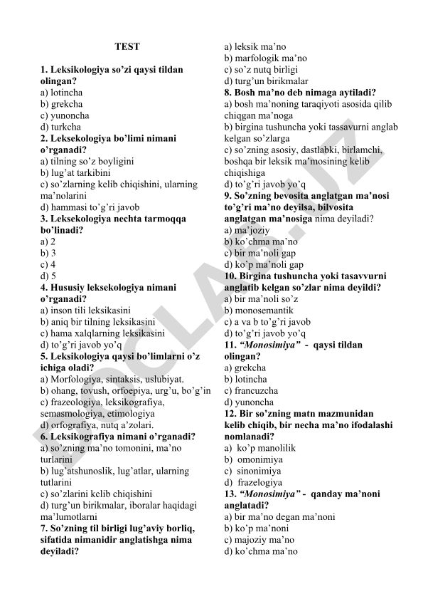 Leksikologiya faniga oid test savollari