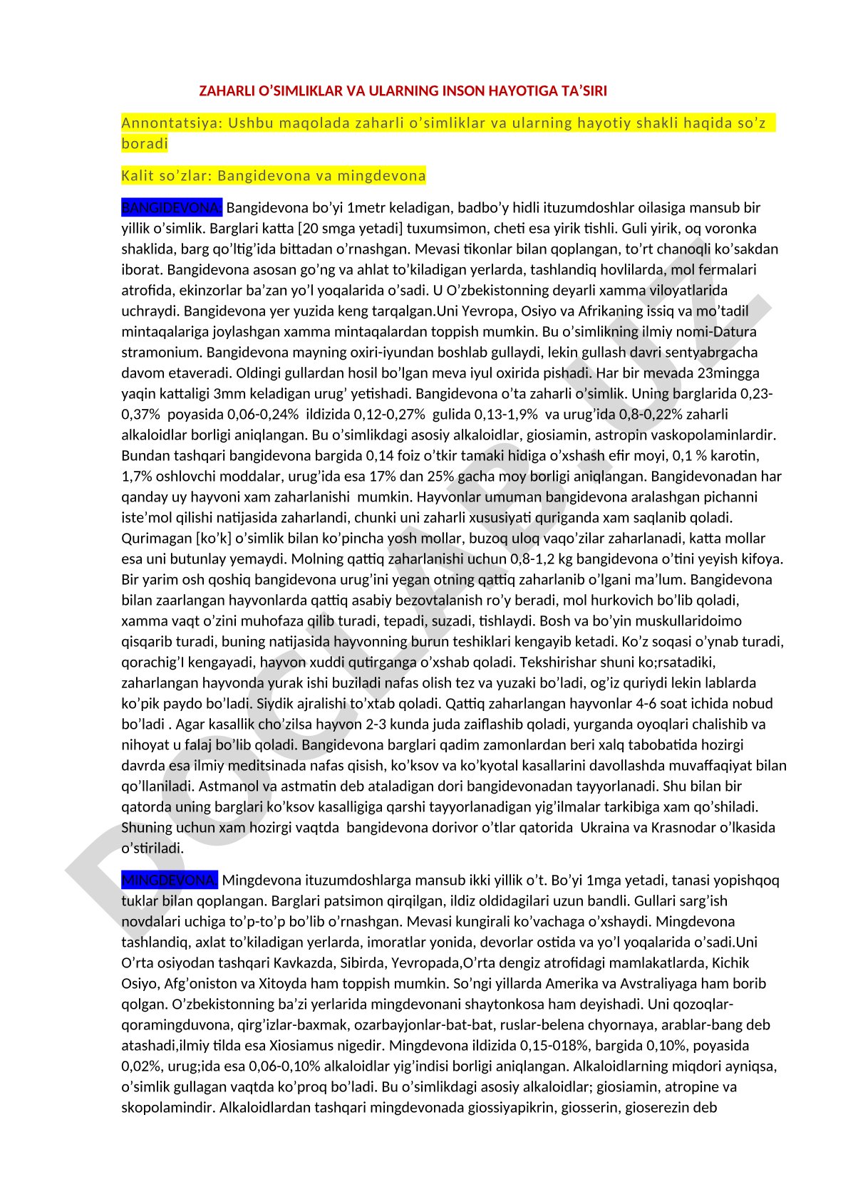 Zaharli o'simliklar va ularning inson hayotiga ta'siri