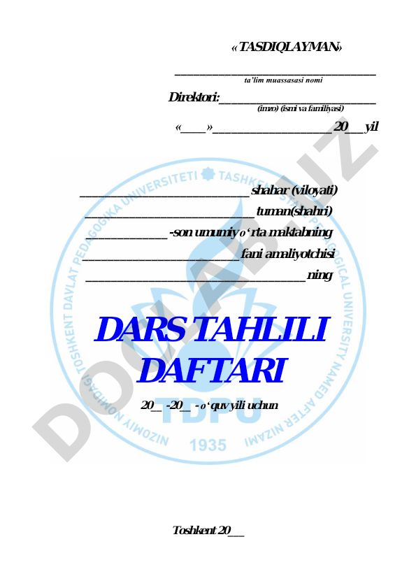 Dars tahlili daftari va amaliyotchi-talaba uchun yo'riqnoma