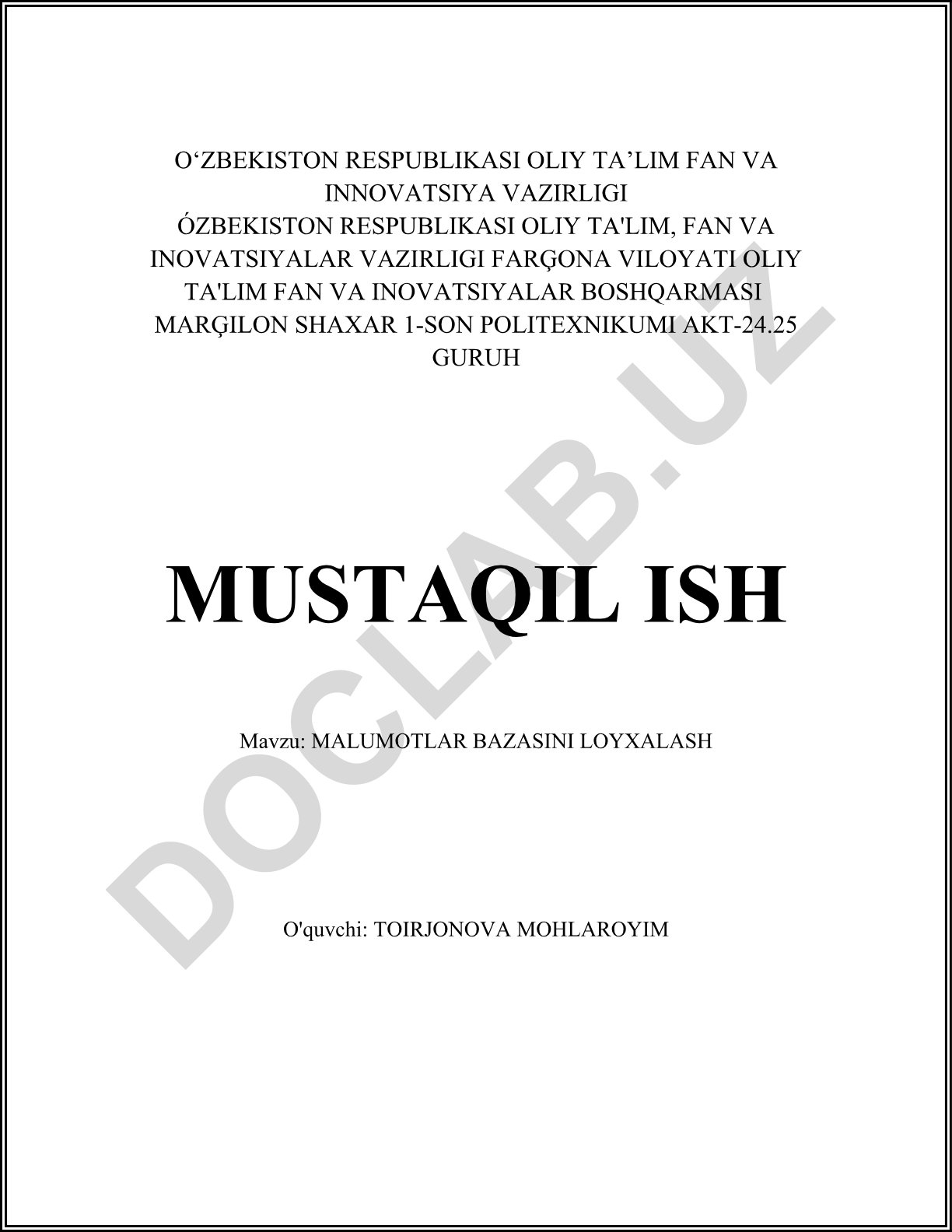 Ma'lumotlar bazasini loyihalash