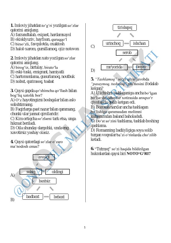 O'zbek tilida imlo va grammatika test savollari