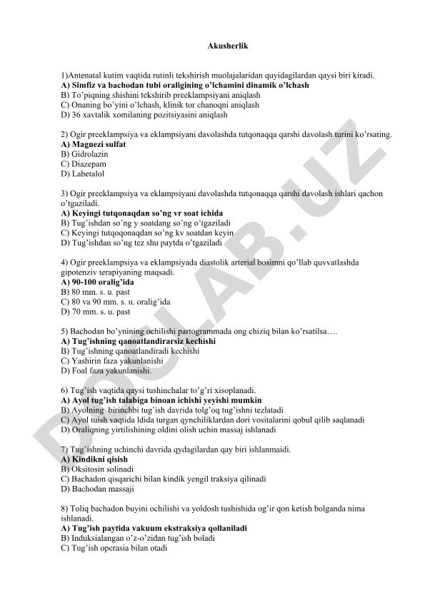 Akusherlik fanidan test savollari