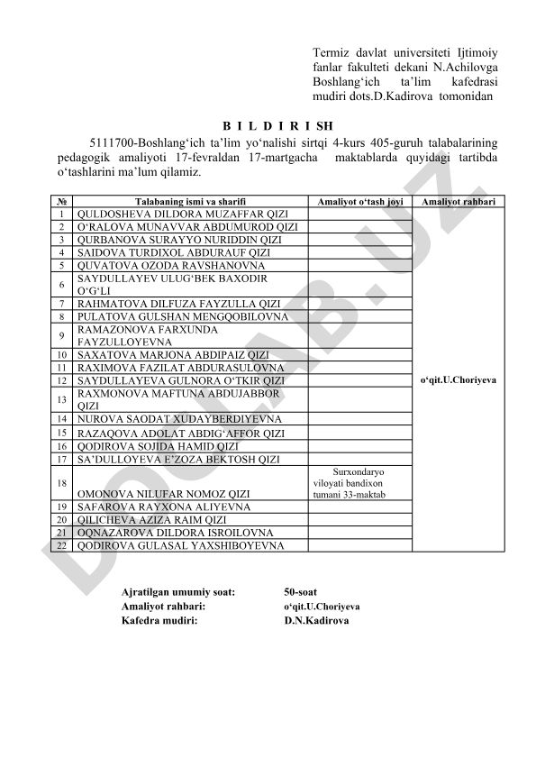 Boshlang'ich ta'lim yo'nalishi talabalarining pedagogik amaliyoti tartibi