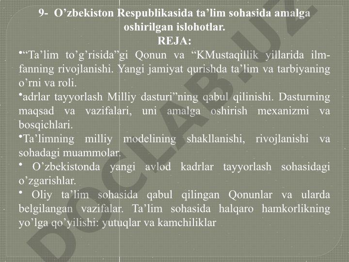 O'zbekistonda ta'lim sohasidagi islohotlar va yangi avlod kadrlar tayyorlash