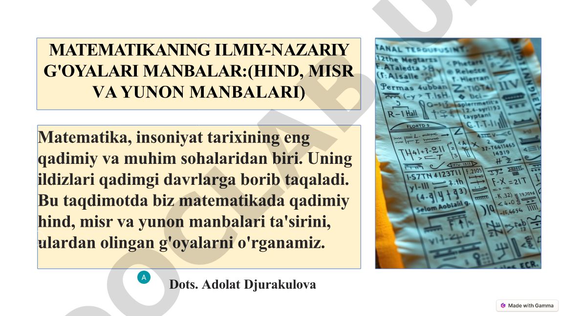 Matematikaning ilmiy-nazariy g'oyalari manbalari: Hind, Misr va Yunon manbalari
