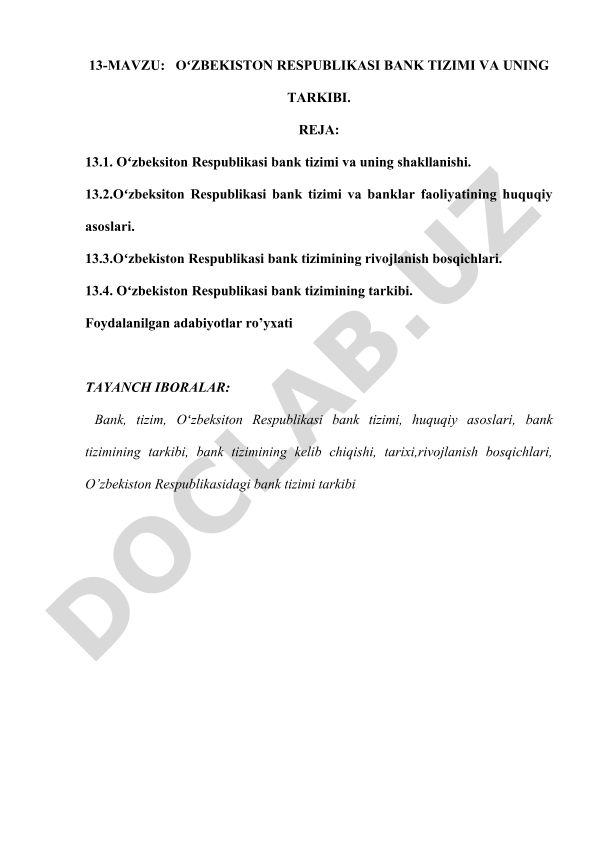 Oʻzbekiston Respublikasi bank tizimi va uning tarkibi