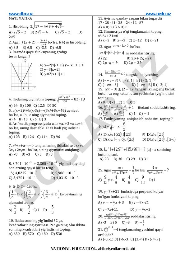 Matematika test savollari va masalalari