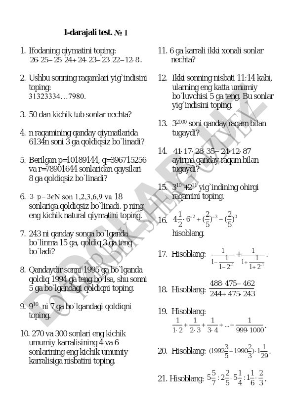 Matematika testi: sonlar nazariyasi va arifmetik amallar