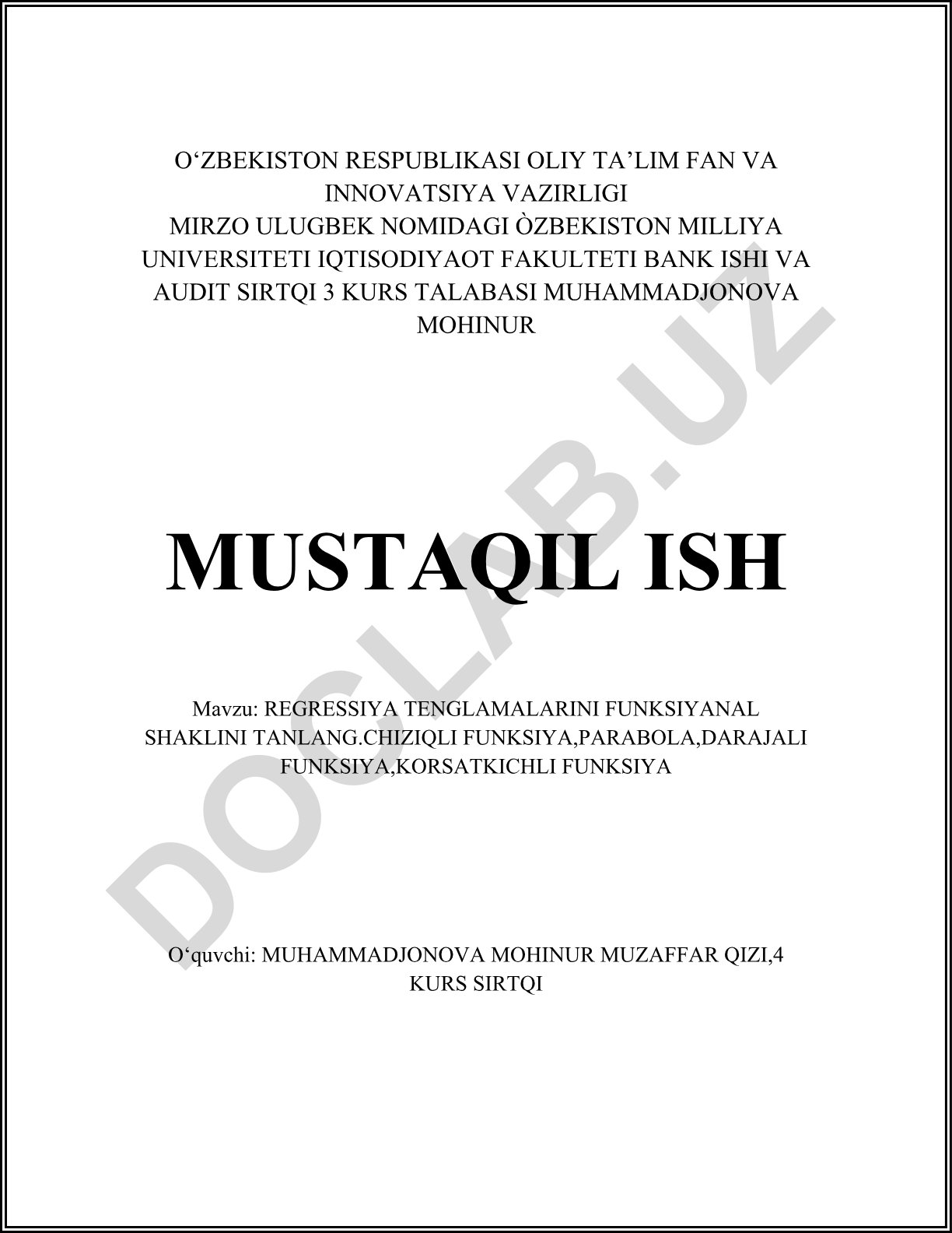 Regressiya tenglamalarini funksional shaklini tanlash