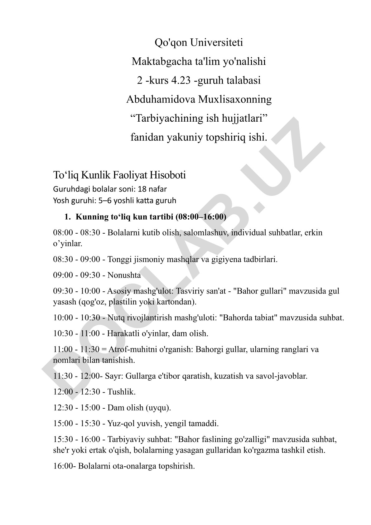 Maktabgacha ta'limda kunlik faoliyat hisoboti