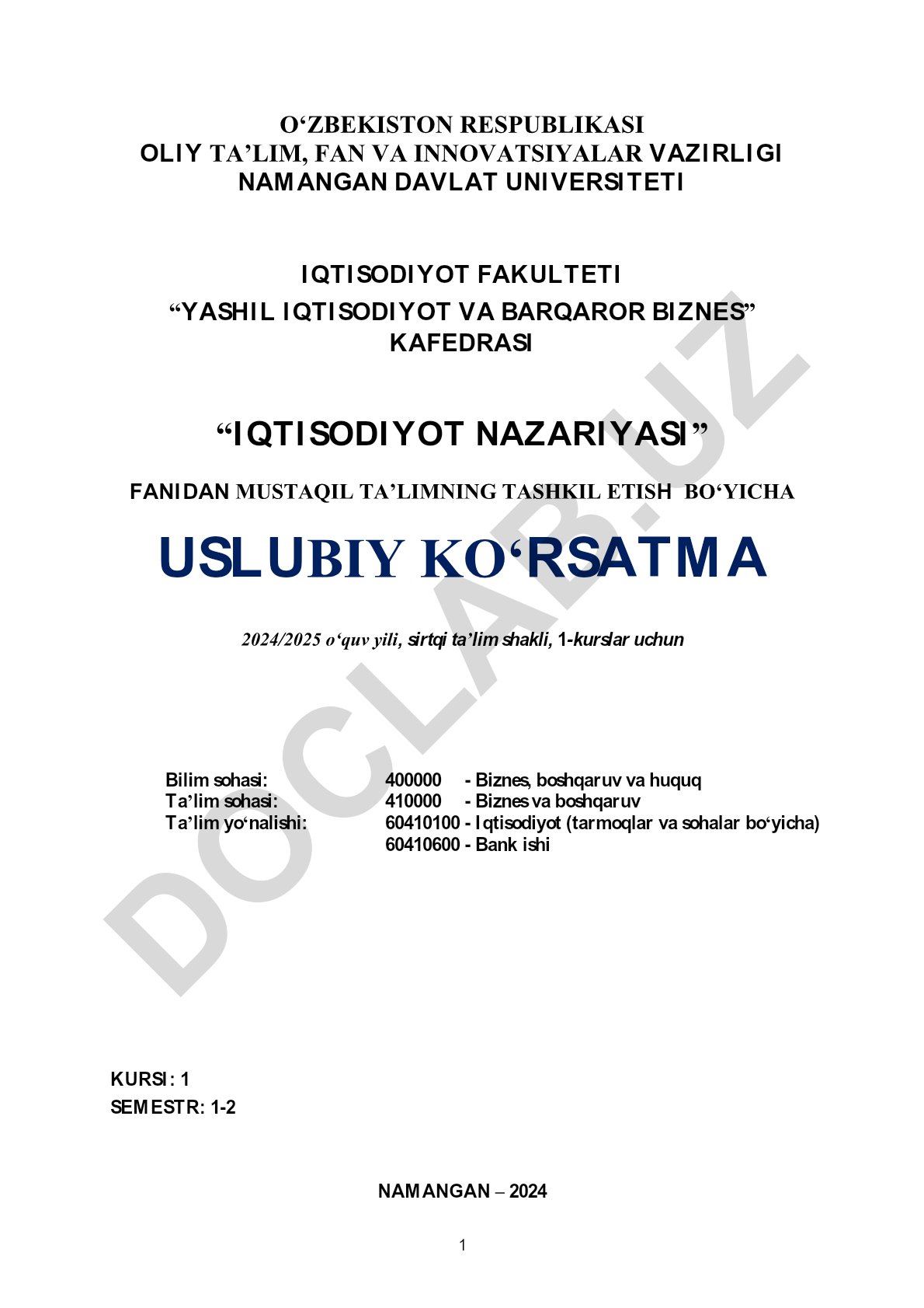 Iqtisodiyot nazariyasi fanidan mustaqil ta'limni tashkil etish bo'yicha uslubiy ko'rsatma