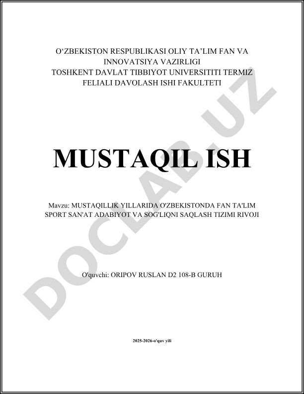 Mustaqillik yillarida O'zbekistonda fan ta'lim sport san'at adabiyot va sog'liqni saqlash tizimi rivoji