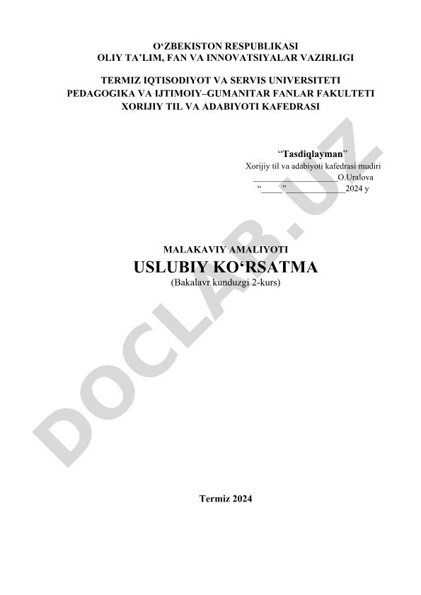 Malakaviy amaliyot uslubiy ko'rsatma (Bakalavr kunduzgi 2-kurs)