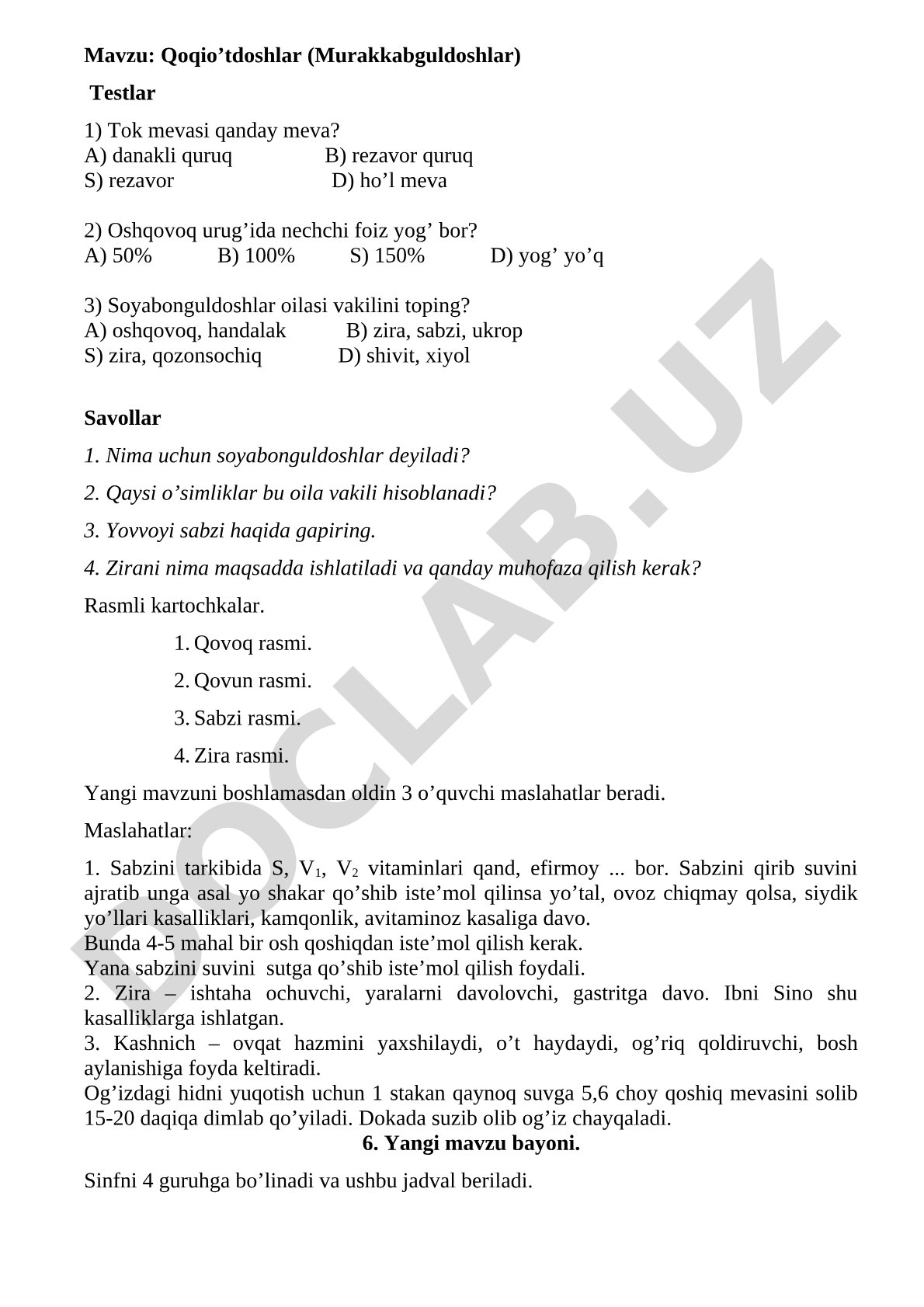 Qoqio'tdoshlar (Murakkabguldoshlar) Testlar