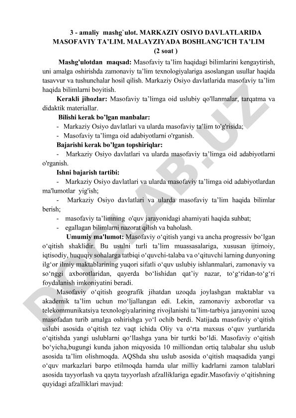 Markaziy Osiyo davlatlarida masofaviy ta'lim va Malayziyada boshlang'ich ta'lim