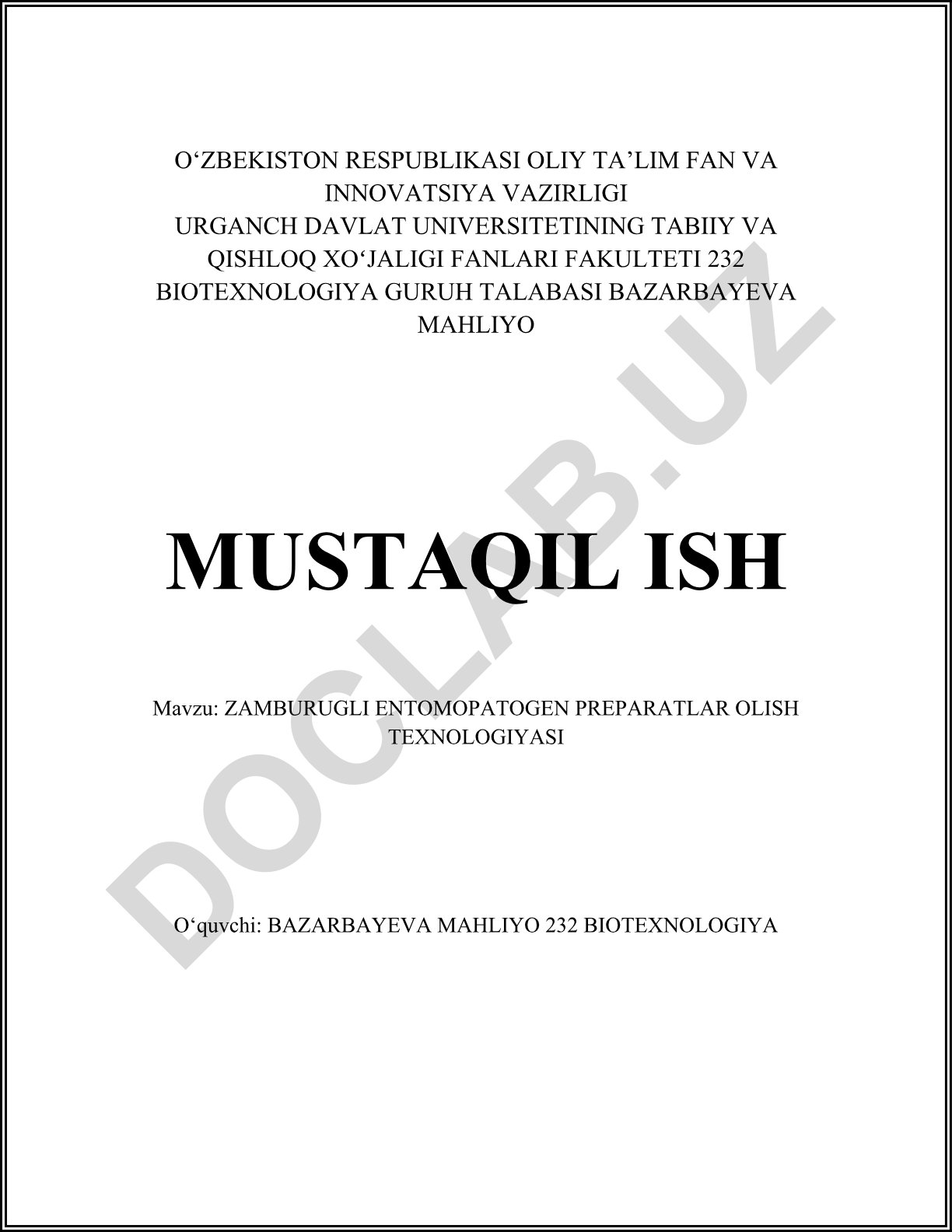 Zamburug'li entomopatogen preparatlar olish texnologiyasi