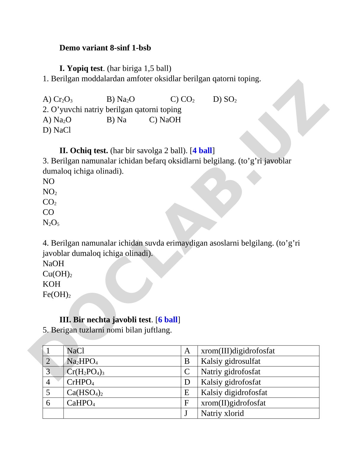 8-sinf kimyo fanidan test topshiriqlari
