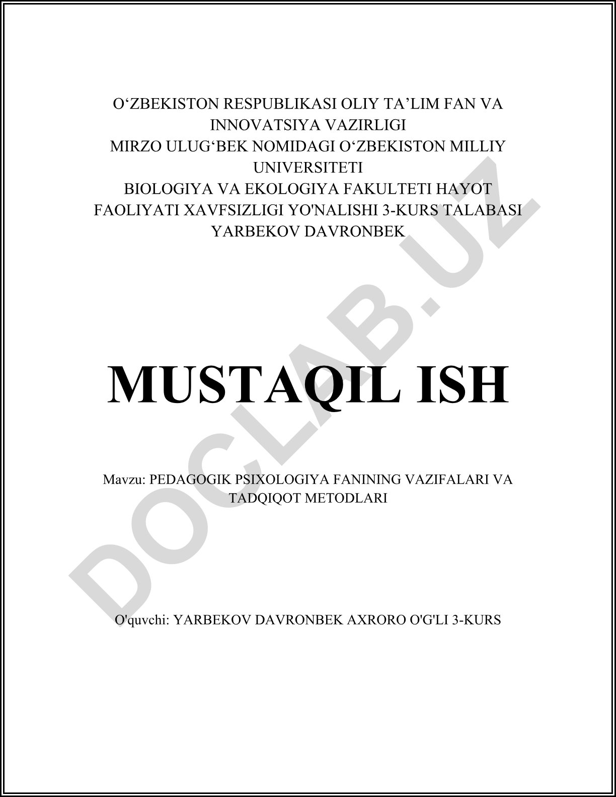 Pedagogik psixologiya fanining vazifalari va tadqiqot metodlari