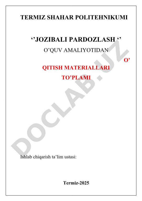 Jozibali pardozlash o'quv amaliyoti o'qitish materiallari to'plami