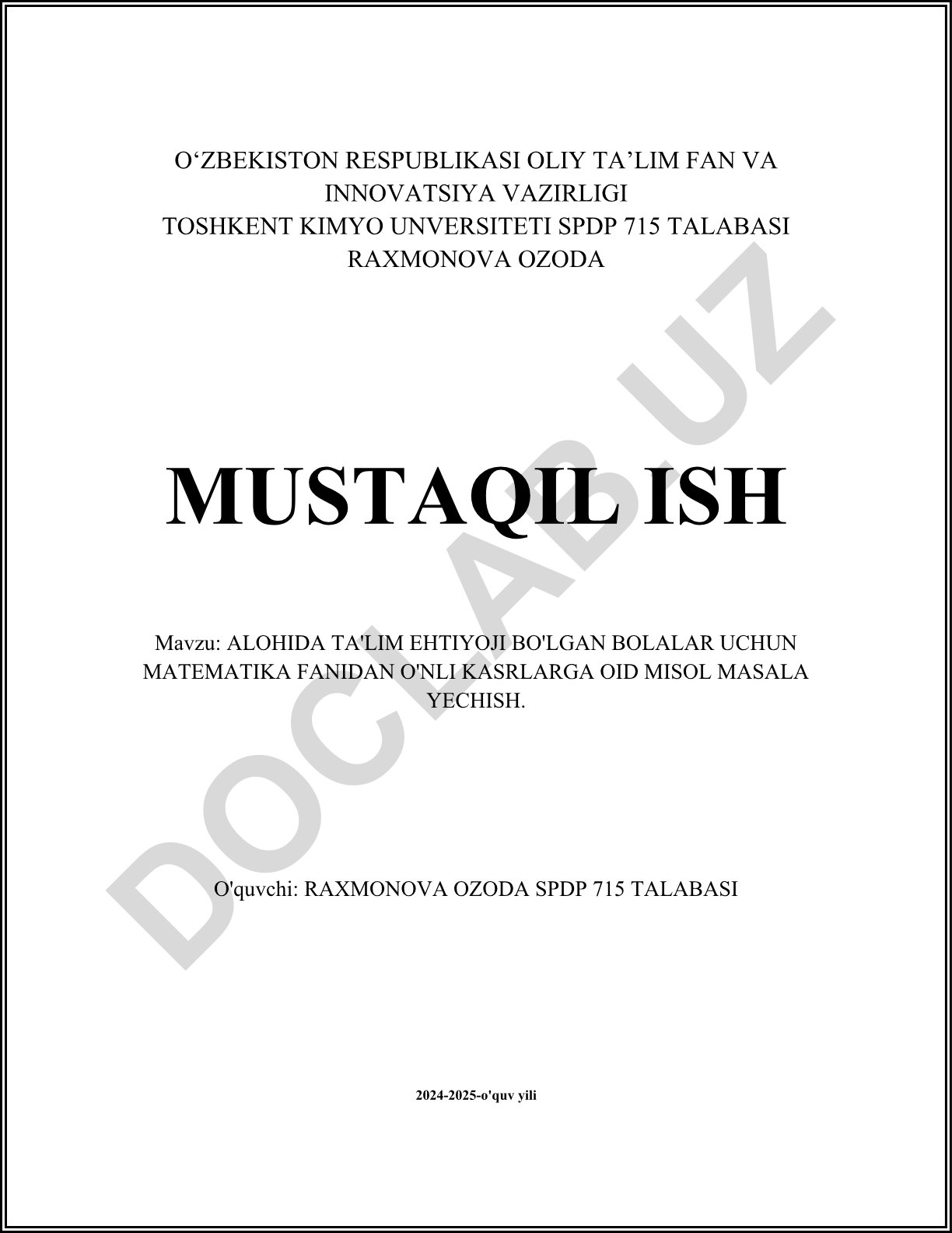Alohida ta'lim ehtiyoji bo'lgan bolalar uchun matematika fanidan o'nli kasrlarga oid misol masala yechish