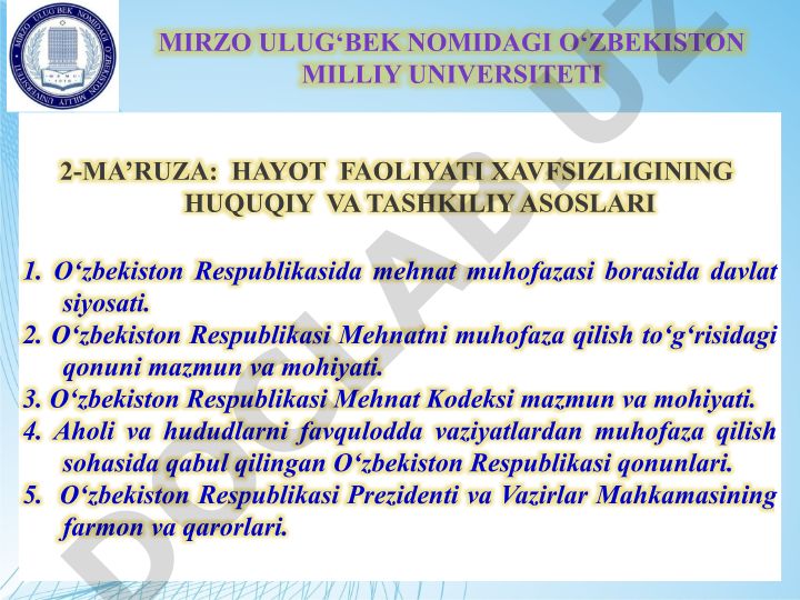 Hayot faoliyati xavfsizligining huquqiy va tashkiliy asoslari