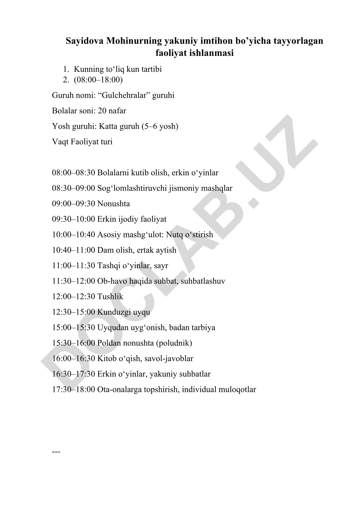 Katta guruh bolalarining kun tartibi va nutq o'stirish mashg'uloti