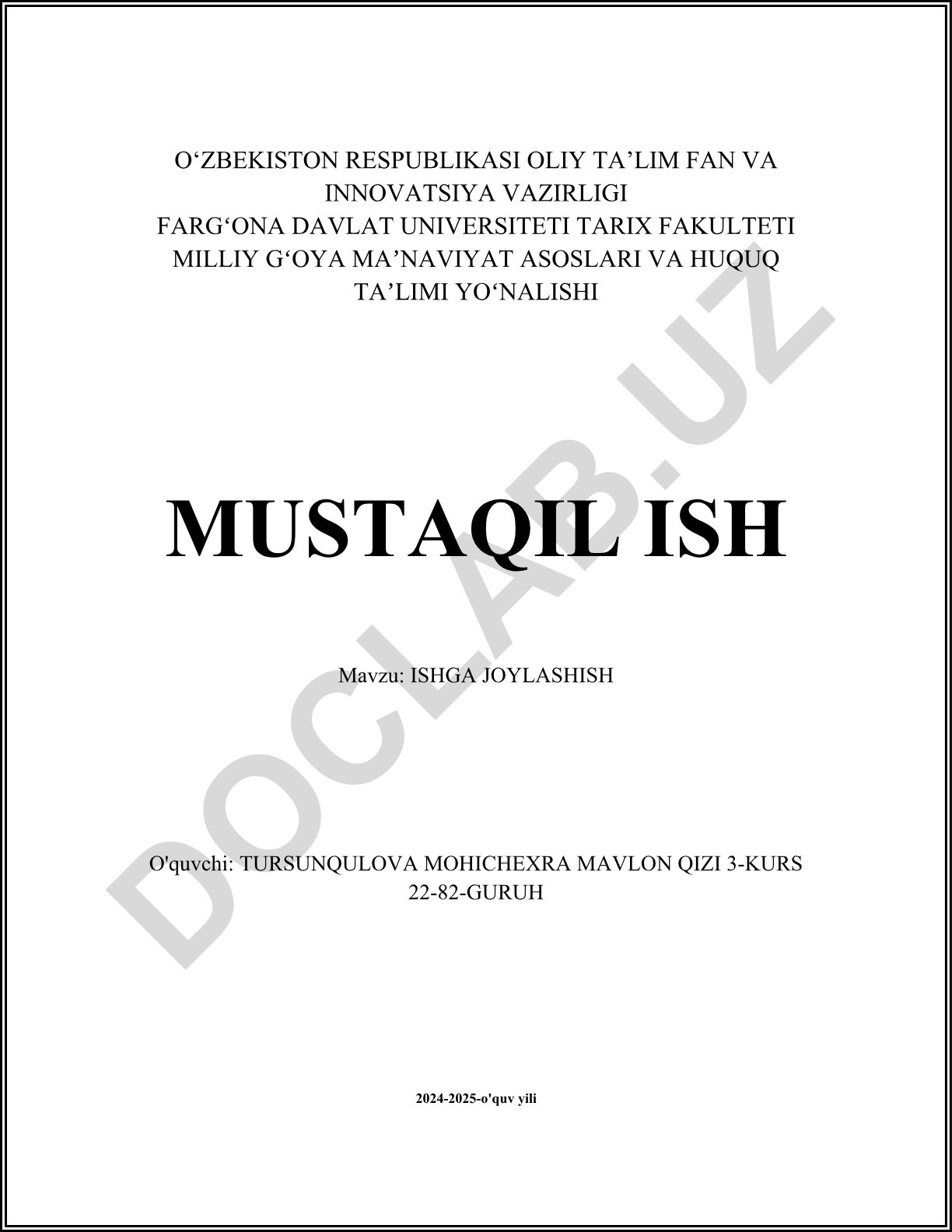 ISHGA JOYLASHISH
