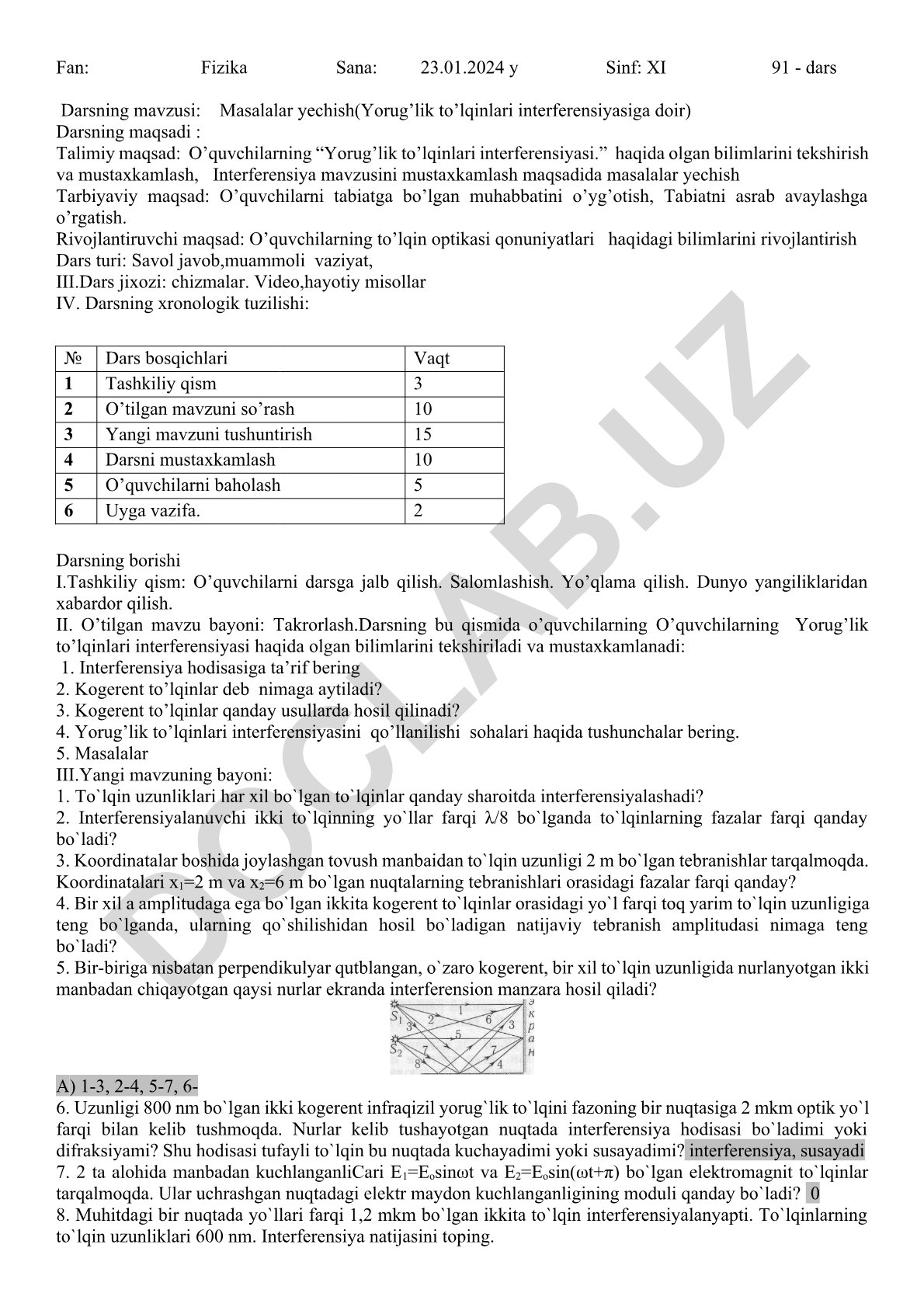 Yorug'lik to'lqinlari interferensiyasiga doir masalalar yechish