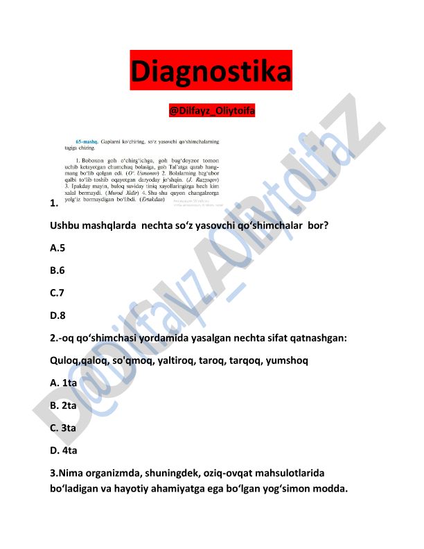 O'zbek tili va biologiya fanlaridan diagnostik test savollari