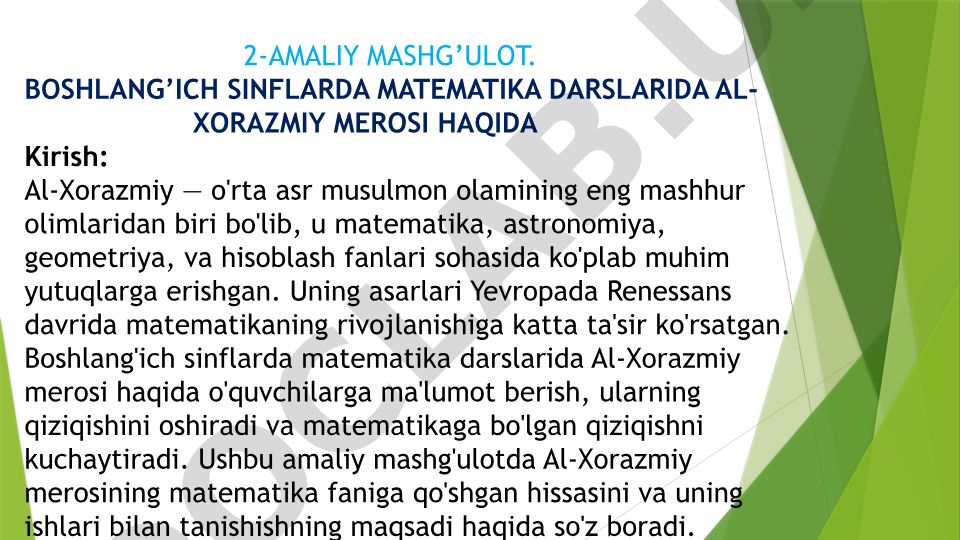 Boshlang'ich sinflarda matematika darslarida Al-Xorazmiy merosi