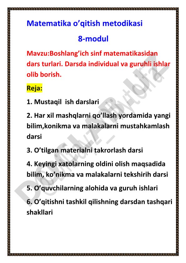 Boshlang'ich sinf matematikasidan dars turlari va o'qitish metodikasi