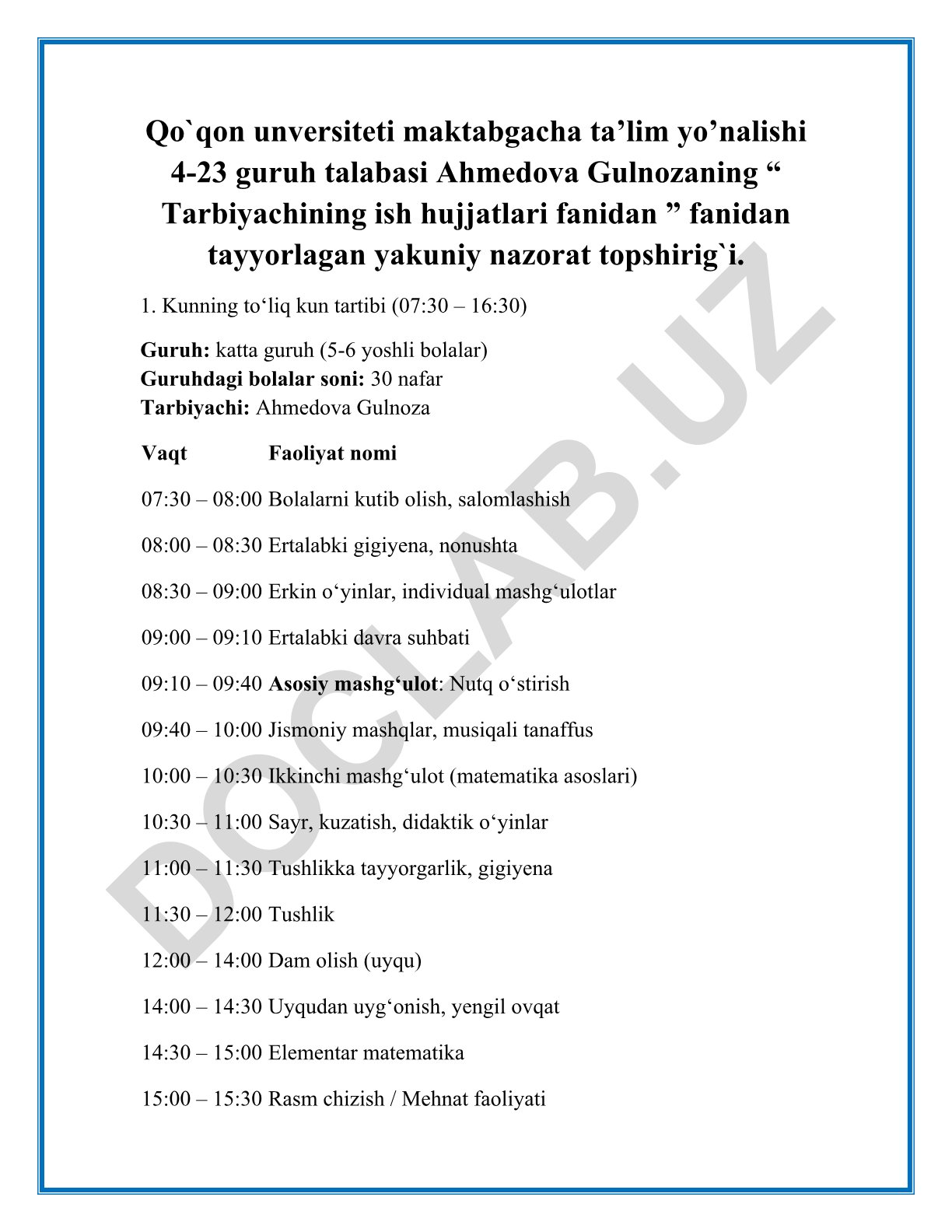 Maktabgacha ta’limda kunning to‘liq kun tartibi va tarbiyaviy faoliyat ishlanmasi